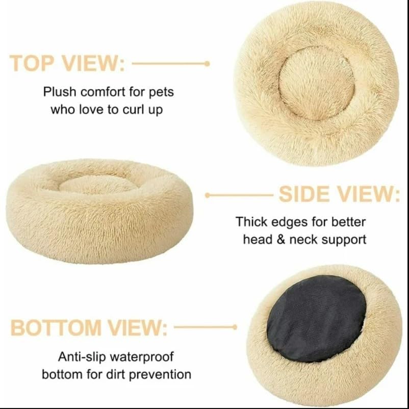 review Soft Calming Anti-Anxiety Washable Round Fluffy Long Cushion Plush Portable Pet Bed, Anti-Slip Bottom Cuddler 100% Cotton Dog,Cat Bed. (Creamy Yellow, for Large Pets up to 50 lbs)