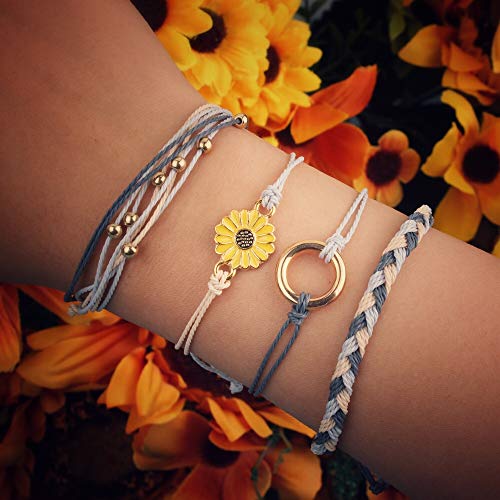 Image of Stackable Sunflower String Bracelets Cute Boho Braided Summer Beach Jewelry