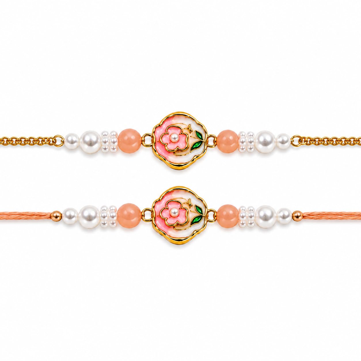 Floral Design Rakhi and Bracelet Set for Brothe Flower Motif Rakhis with Purple Beads, Pearl-Look Details and Gold-Tone Chain | Elegant Raksha Bandhan Festival Wrist Accessories-image-19
