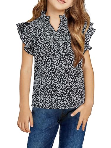 Image of Haloumoning Girls Ruffle Short Sleeve Floral Chiffon Blouses Kids Summer Shirts Tops 5-14 Years