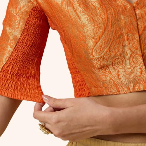 Image of Studio Shringaar Women's Brocade Side Stretch (Smocked) Readymade Saree Blouse