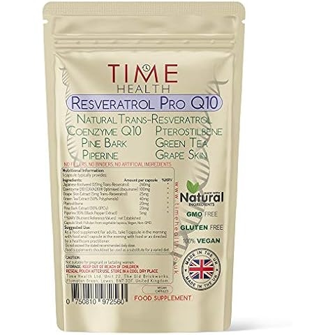 Resveratrol Pro Q10 Anti-Aging Formula , Trans-Resveratrol, Coenzyme Q10, Pterostilbene, Pine Bark, Green Tea, Grape Skin, Piperine, - Split Dose for Maximum Anti-Aging Benefits from Resveratrol and Q10 - UK Manufactured - Zero Additives - 60/120 Capsules - Pullulan (120 Capsules) Cover