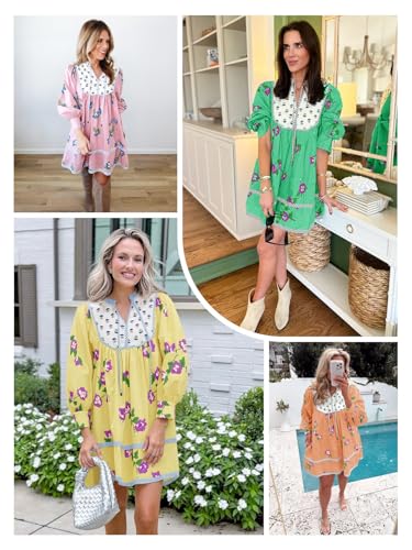 Image of Wenrine Womens Casual Floral Mini Dress Fall Long Sleeve V Neck Patchwork Loose Boho Shirt Dresses