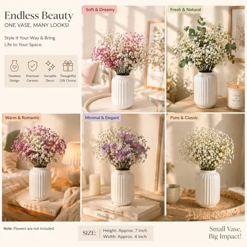 Image of Art Street Modern Ribbed Ceramic Flower Vase | Pearl White Decorative Boho Vase for Living Room, Bedroom & Office Dcor - (Flower not Included), 7x4 Inch