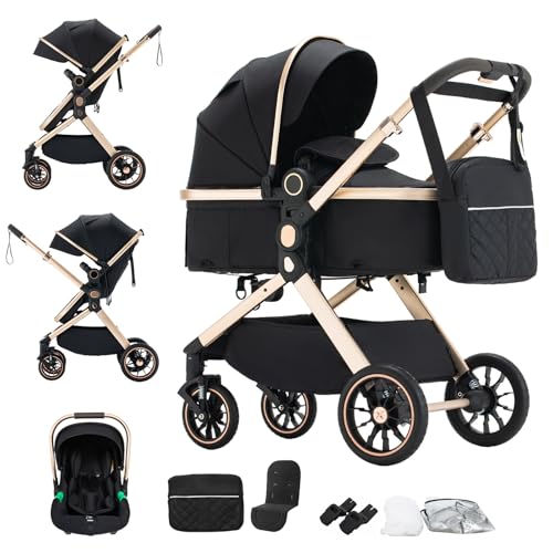 BEBBY 3-in-1 Kinderwagen KombiKinderwagen-Set 2-in-1 Buggy faltbar Luxus Hochlandschaft Neugeborenes Tragbarer Zusammenklappbarer Kinderwagen Travel System (U9-X-BLACK, U9-X)