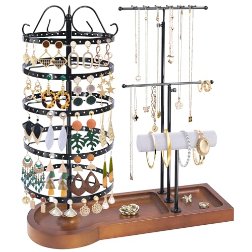SMFANLIN Jewelry Organizer Stand, Metal Rotating Earring Holder Organizer, Multi-Functional Adjustable Necklace Rack Holder Bracelet Watch Holder for Jewelry Earrings Ring - Black