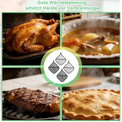 Topflappen mit Tasche 4 Stück Hitzebeständige Topflappen Aus Baumwolle Praktische Küchenhelfer für Kochen und Backen(18 x 18 cm)