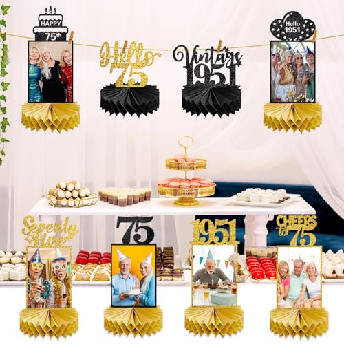 Image of Eucutur 8Pcs 75th Birthday Decorations Honeycomb Centerpieces for Women Men, Black Gold Vintage 1951 75th Bday Photo Table Centerpieces Party Supplies, Glitter Cheers to 75 Year Old Bday Table Topper
