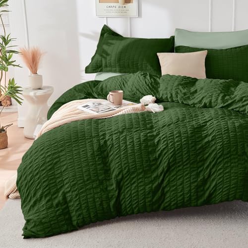 Image of HYMOKEGE Dark Green /Sage Green California King Comforter Set Seersucker 7 Pieces, All Season Luxury Bed in a Bag for Bedroom, Bedding Set with Comforter, Sheets, Pillowcases & Shams