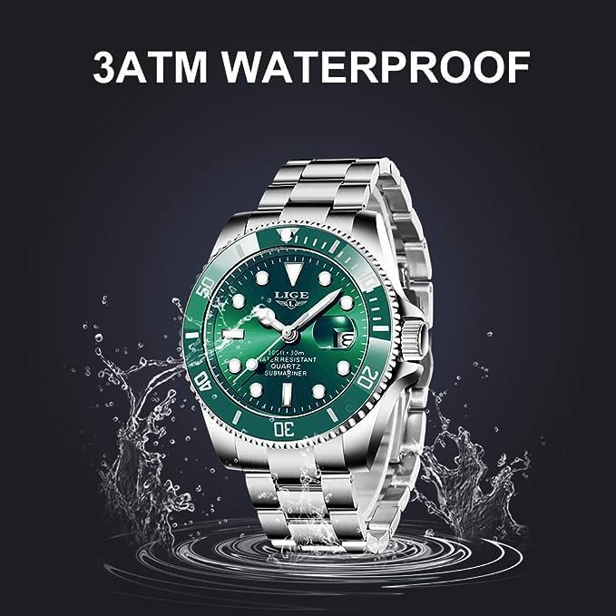 Image demonstrating 3ATM water resistance with a watch submerged in water splashes.