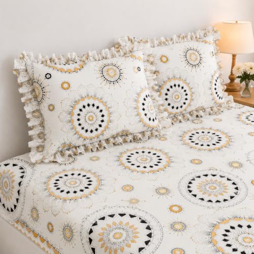 Image of 380 TC Premium Glace Cotton Elastic Fitted Bedsheet King Size with 2 Pillow Covers King Size | Double Bed with All Around Elastic (White Gola, Fitted - Double72x72)