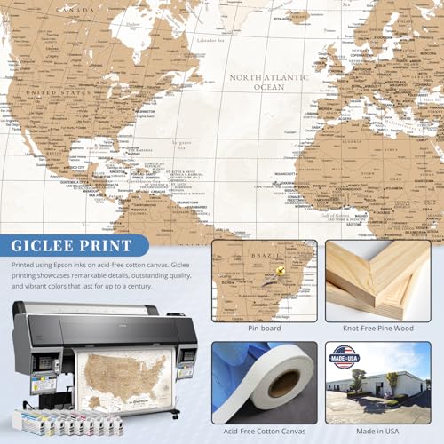 Image of IPIC - Vintage World Map & USA Map Canvas Wall Art Set of 2, Travel Wall Decor with Pins Included, Ready to Hang for Office or Living Room, 24x16 Inch