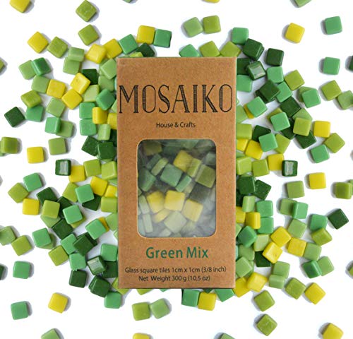 MOSAIKO Green Mix 300g (10.5oz) - Mosaic Glass Tiles for Crafts - Premium Quality Stained Square Pieces 1cm x 1cm (3/8 inch) - Perfect for Home Decor, DIY Crafts, Pixel Art, Kid Play, Adult Hobbies