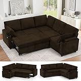 ACMEASE 85' Chenille Reversible Sectional Sofa w/Pull-Out Bed, Upholstery L-Shaped Couch w/Storage Armrests & Cup Holders, Modern Corner Sofa w/USB Charging Port & Throw Pillow for Living Room, Brown