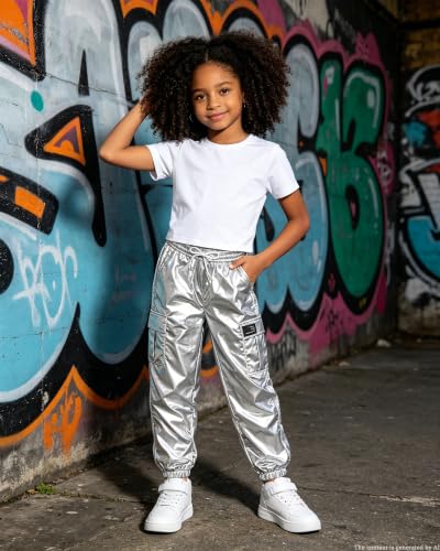 Image of Betusline Girls 2 Piece Summer Outfits,Kids Casual Short Sleeve Crop Top & Cargo Jogger Pants Sets,4T-14Y