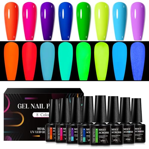 MEET ACROSS Glow in the Dark Gel Nail Polish Set 8Pcs Halloween Glows in The Dark Gel Nail Polish Neon Yellow Orange Purple Green Luminous Gel Polish Set for DIY Nail Art Design