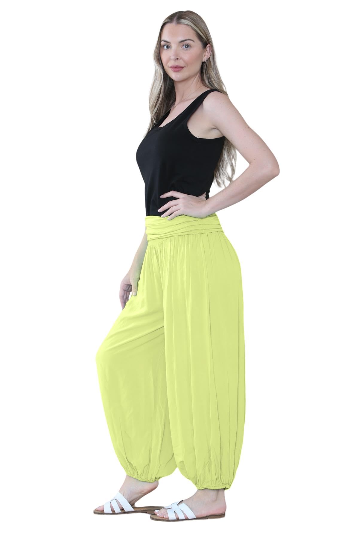 Pantaloni harem larghi da donna italiani Alibaba, comodi ed eleganti, vestibilità larga, pantaloni harem da donna UK | Pantaloni estivi perfetti per le donne UK, Giallo, Taglia unica