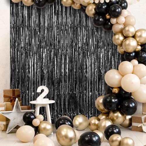 Image of 2 Pack Fringe Curtains Backdrops, Foil Fringe Curtains, Door Streamers for Birthday Wedding Bridal Shower Holiday Graduation Party Decorations, Photo Booth Backdrops, Black