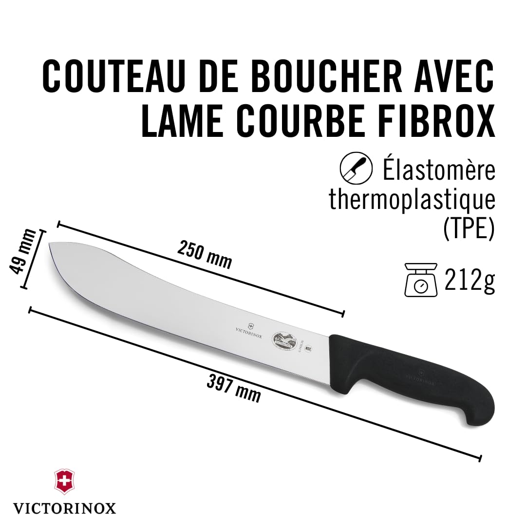 Victorinox Fibrox Couteau de boucher, Long couteau pour couper de gros morceaux de viande, 25 cm, Lame incurvée, Tranchant, Inox, Noir