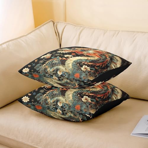 Housse de coussin dragon lavable double face pour protéger oreiller lot de 2