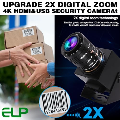 ELP 4K USB HDMI Camera Manual Zoom Webcam Variable Focus PC Camera Mini Close-up Camera for Computer H.264 Telescope USB Security Camera 8mp IMX415 Industrial CCTV Camera (3.6-10mm 3X Zoom Lens)