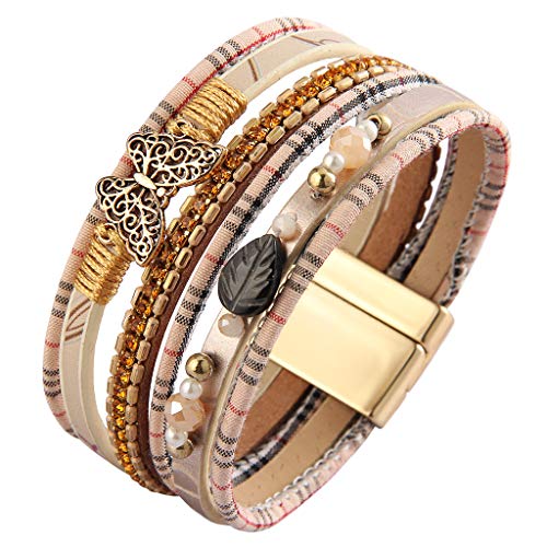 Womens Leather Cuff Bracelet Boho Wrap Bracelet Butterfly Multi Strand Bracelet Beige Leather Bracelet Gold Plated Layered Bracelets For Women, Sister, Wife #TOP2