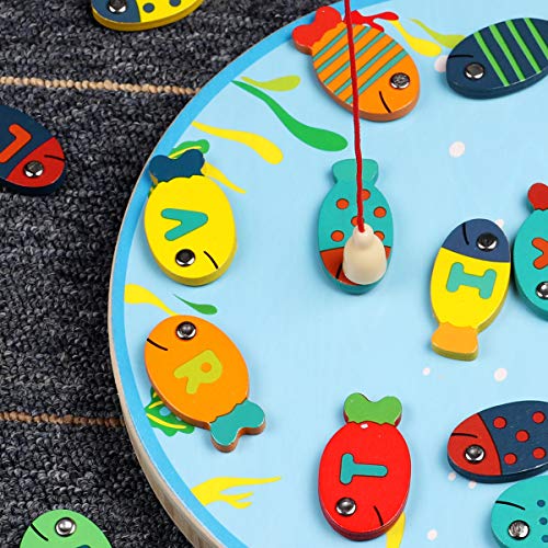 Lydaz 30 PCS Wooden Magnetic Fishing Game, Magnetic Alphabet Letters Fishing Toy, Montessori Toys Educational Games Fine Motor Skill Toys for 3 4 5 Year Old Boys Girls Kids Toddlers