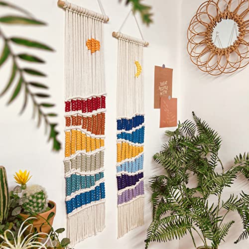 Boho Feather Baby Mobile For Crib &Boho Macrame Wall Hanging Decor Set, 2Pcs Southwest Bohemian Handmade Woven Sun&Moon Mountain Gegraphy Tapestry With Long Tassel #TOP4
