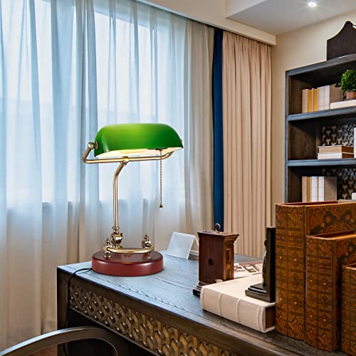 Nusran Green Glass Bankers Desk Lamp With Solid Birch Wood Base, Antique Vintage Desk Lamp For Home Office Desk Lamp Piano Lamp Light, Retro Library Lamp Desk Light Table Lamp With Pull Chain thumb #6