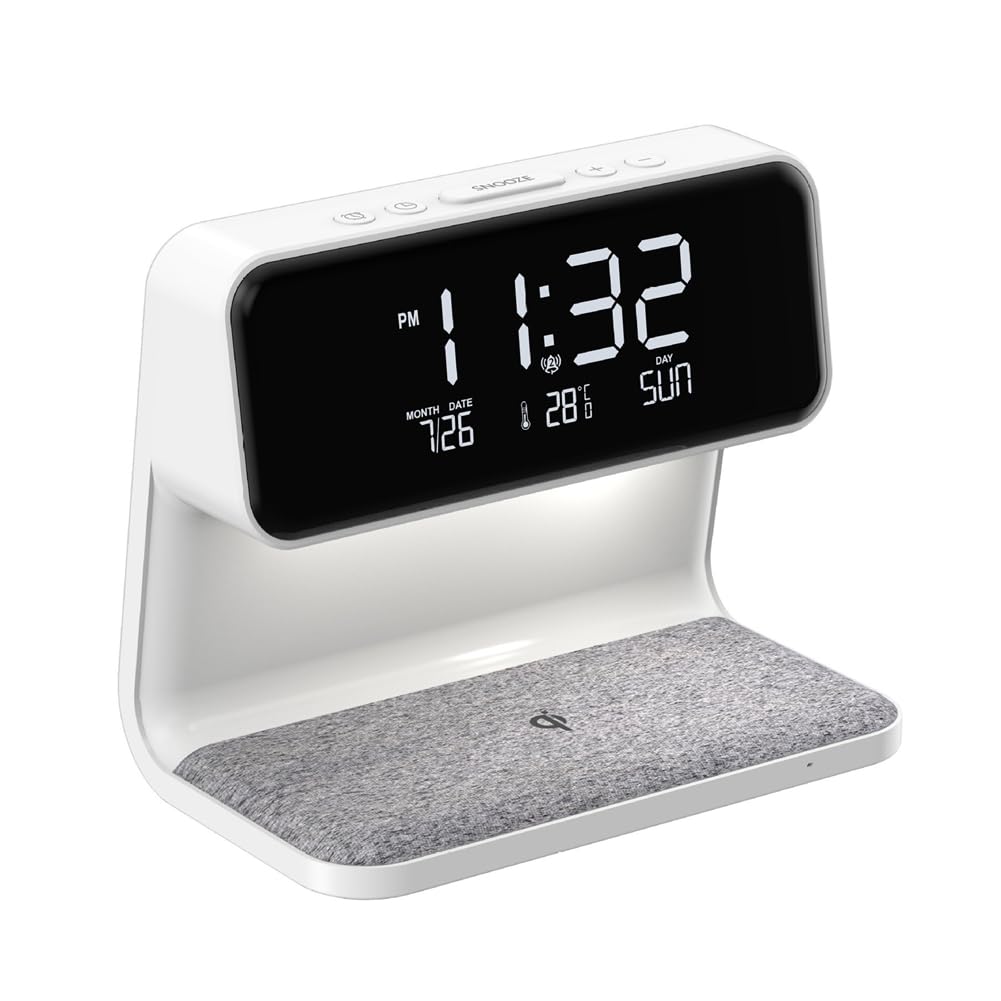 ailill Alarm Clock with Wireless Charging and Lights Dimmable Digtial Alarm Clock Charging Station for Bedroom, Bedside Easy to Use