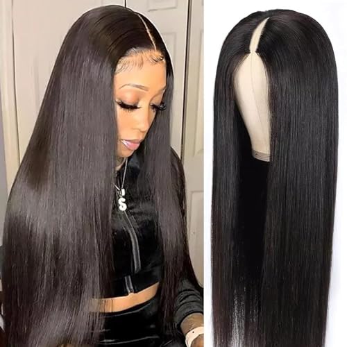 Pobokix 200% Density V Part Wigs Human Hair Straight Upgrade U Part Human Hair Wigs for Women Glueless Full Head Clip In Half Wigs Natural Color 16inch V Part Straight Wig