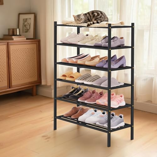 Image of Smiry Bamboo Shoe Rack, 5 Horizontal Slats, 6 Tier - 26.8 inch Wide, Black