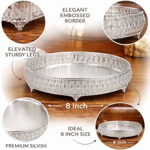 Image of German Silver Decorative Tray with Legs Stand | Round 8 inch Serving & Pooja Thali | Premium Embossed Design | Home Decor & Festive Gift Tray