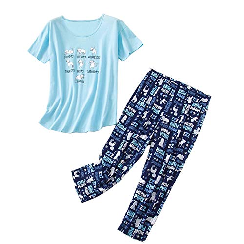 Image of Women Plus Size Pajama Sets Summer Cotton Sleepwear Tops with Capri Pants Pj Sets Fun Prints Pajama Sets