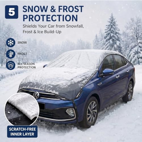 Image of Pivalo Half Car Body Cover for Sedan Cars (All Models & Years) | 100% Waterproof Outdoor UV & Heat All Weather Protection | Triple Stitched 3 Layer with Adjustable Straps Cover (Grey)