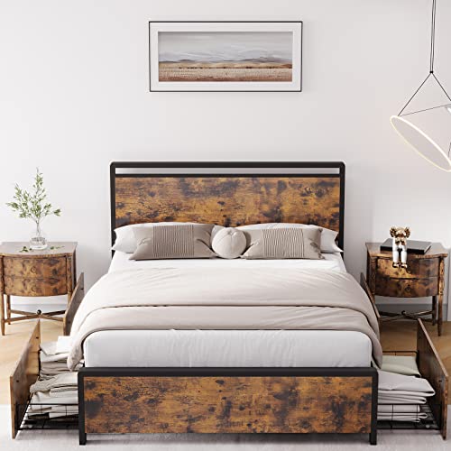 Alkmaar Full Size Bed Frame With 4 Storage Drawer,Wood And Metal Bed Frame, No Box Spring Needed, Noise-Free Sleep (Full) #TOP2