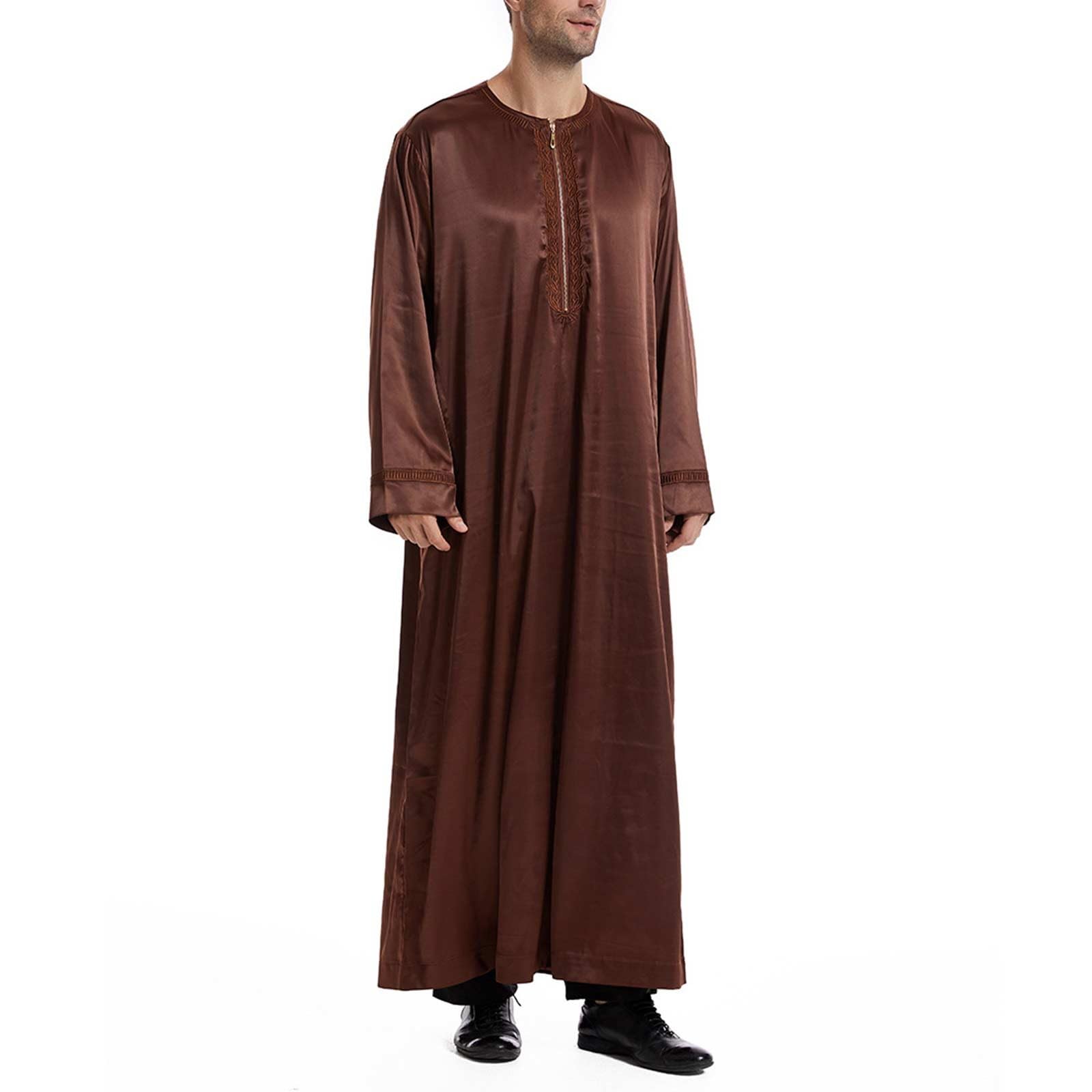 Męski muzułmański kaftan thobe długi szlafrok, arabska islamska odzież z haftowanym dekoltem, luźny strój Eid Ramadan Dubai, tradycyjna koszula Abaya do modlitwy na co dzień