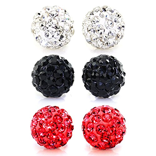 JEWELRIESHOP Rhinestones Crystal Ball Stud Earrings Set Fireball Disco Ball Pave Bead Earrings Hypoallergenic for Girls Women 8mm x 3 Pairs (White, Jet Black, Siam Red)