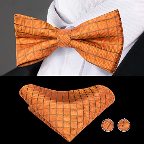 Image of Hi-Tie 5Pcs Mens Solid Color Silk Tie Satin Pretied Bowtie Lapel Pin for Men Handkerchief Cufflink Wedding Gift Box