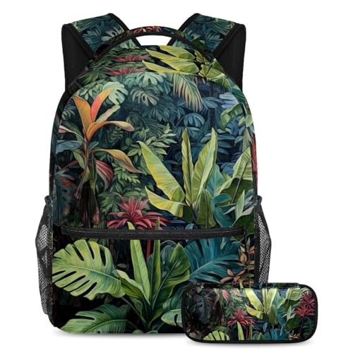 Sac à dos avec trousse à crayons motif palmier pour l'école et le voyage des grands élèves