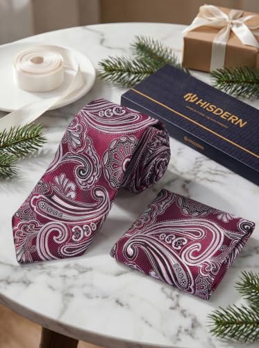 Image of HISDERN Extra Long Ties for Men Classic Floral Tie and Pocket Square Elegant Silk Necktie Handkerchief Set Wedding Party