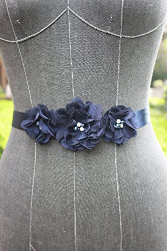 Bridesmaid And Flowergirls Sashes Wedding Sash Pearls Flowers Belts (Dark Navy) #TOP1