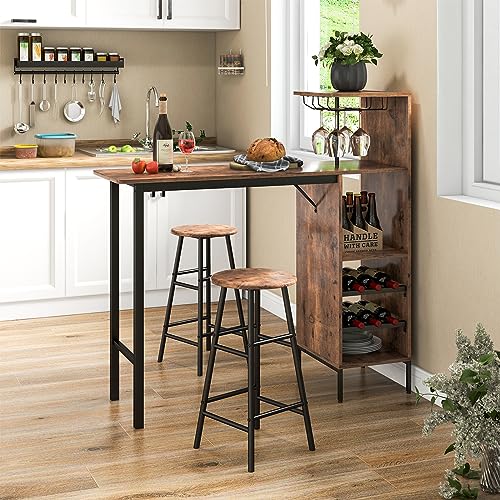 COSTWAY Bartisch mit Barhocker Set, 2 Personen Bartisch Set mit Halterungen für Weingläser und Flaschen, Küchentheke für Wohnzimmer, Esszimmer und Küche (Kaffee)