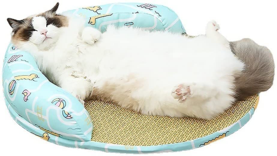 IDAHSOR Round Cat Bed Rattan Mat Woven Cat Sofa Bed Comfortable Cat Nest Cat Woven Bed Cat Scratching Bed Refreshing Summer Allows Cats and Dogs to Enjoy Refreshing and Comfortable Rest (L, Blue)