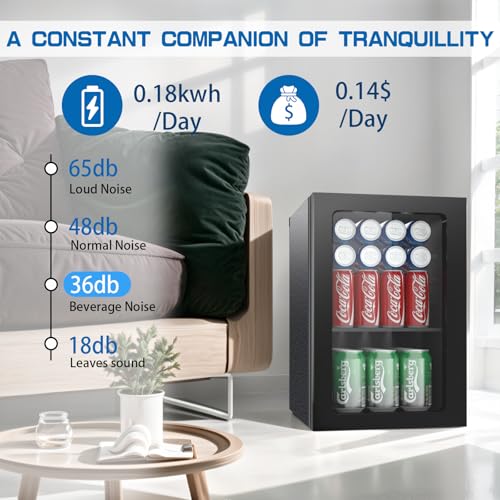 Image of Erivess 0.9 Cubic Feet Mini Fridge, 24 Can Freestanding Beverage Refrigerator with Acrylic Front Door for Soda Beer, Under Counter Small Refrigerator with Adjustable Shelves for Home Bar Office(Black)