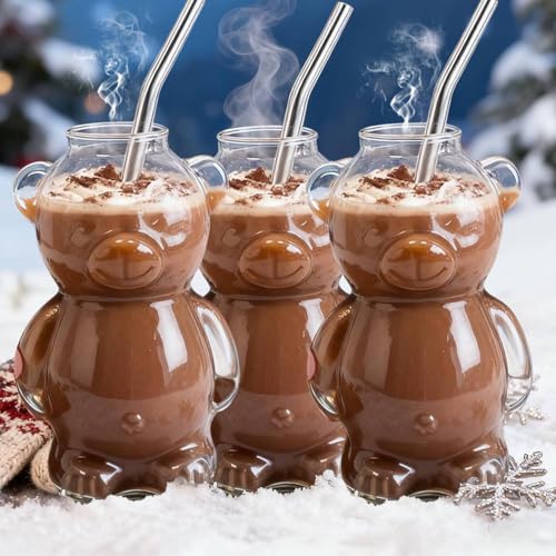 Cute Bear - Vaso de vidrio con pajita, 320 ml, reutilizable, divertido, para té caliente, leche, cacao, jugo, agua, cóctel, cerveza, vino, apto para microondas (3 piezas)