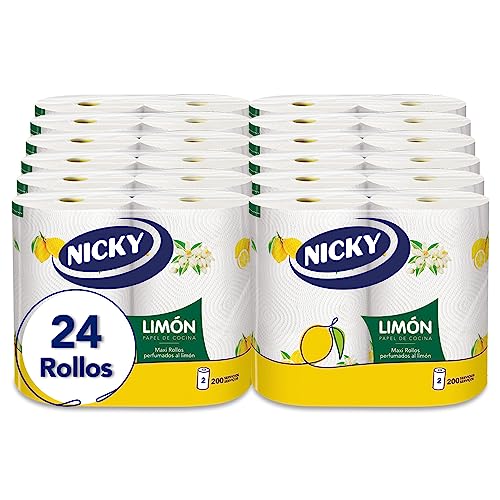 Nicky Limón Papel de Cocina - Paquete de 24 Rollos, 100 Hojas de 2 Capas por Rollo, Papel Extra...