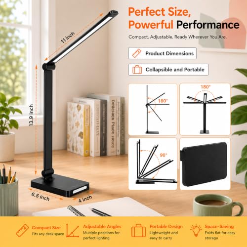 Image of XERGY LED Desk Lamp with USB Charging Output - Dimmable, Touch Control, Timer, Night Mode, 5 Color Mode, Adjustable Arm, Eye-Caring Table Lamp for Study, Office & Home Use - Black(Adaptor Included)