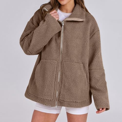 Womens Fuzzy Sherpa Fleece Jacket Oversized Zip Up Winter Coats Warm Stand Collar Outerwear Casual Coat with Pockets3