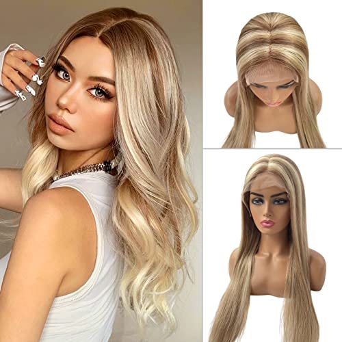 Honey Blonde Lace Front Wigs for White Women 16" Thick Soft Glueless Lace Wig Human Hair with Baby Hair Ombre Colored 613 T Part Frontal Wig